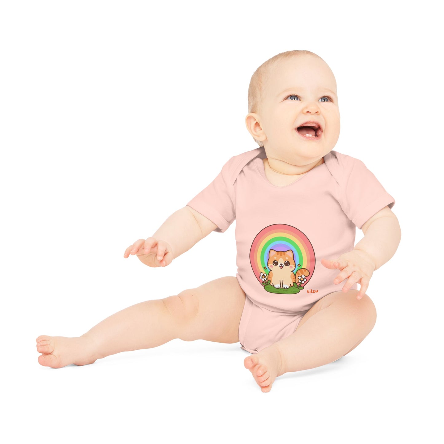 Tilzu Baby Organic Short Sleeve Onesie Kitten under Rainbow