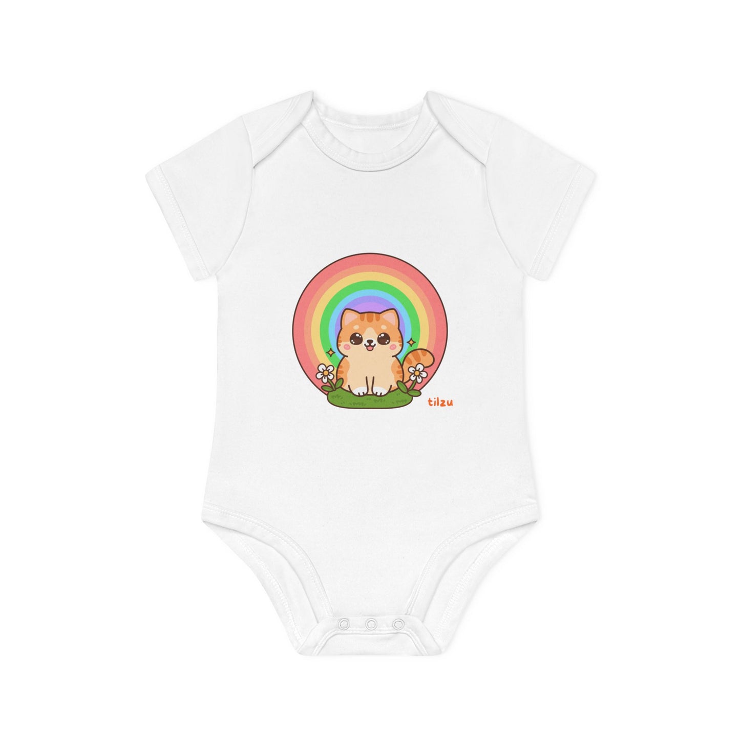 Tilzu Baby Organic Short Sleeve Onesie Kitten under Rainbow