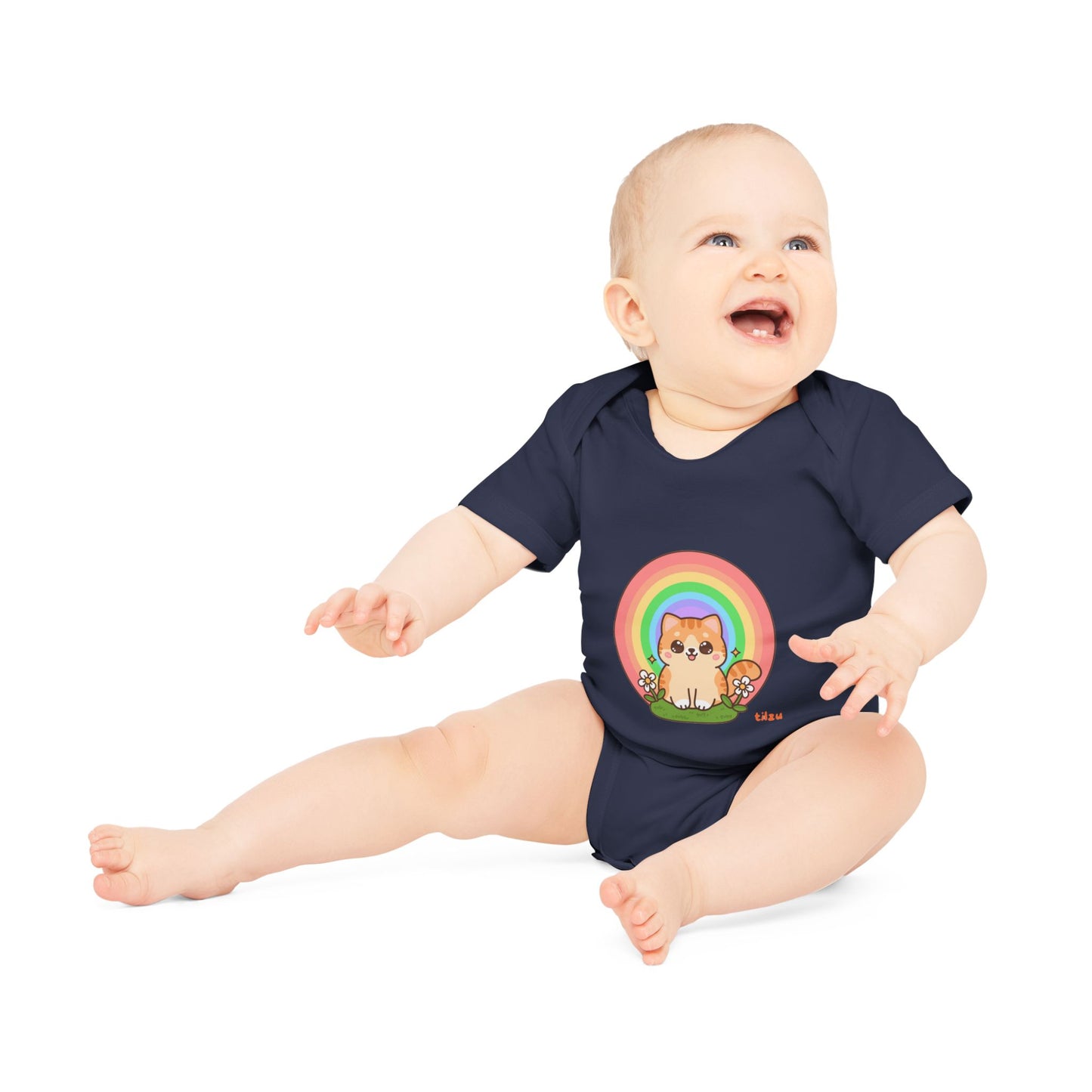 Tilzu Baby Organic Short Sleeve Onesie Kitten under Rainbow