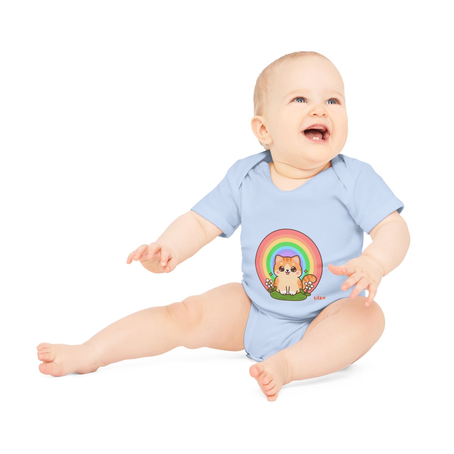 Tilzu Baby Organic Short Sleeve Onesie Kitten under Rainbow