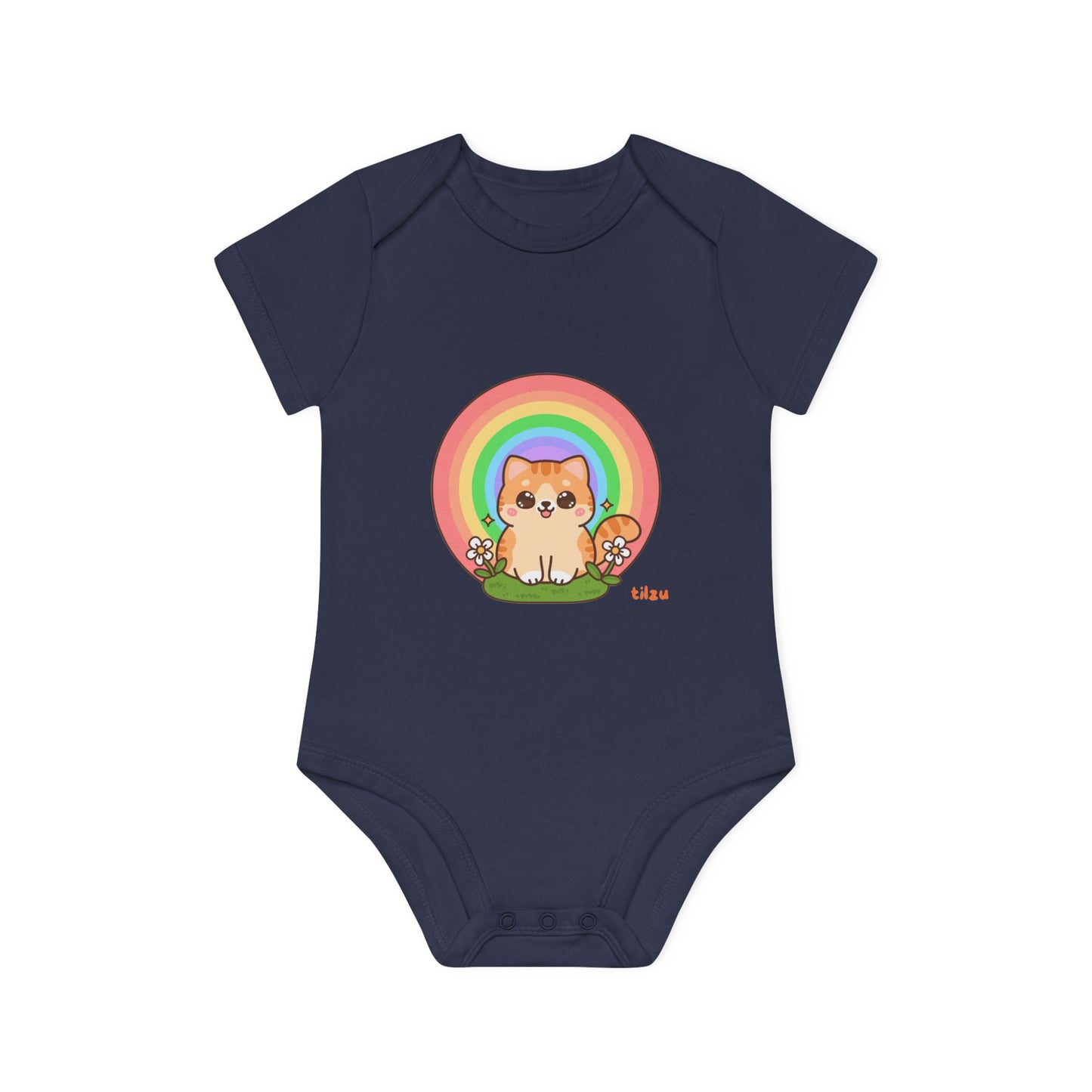 Tilzu Baby Organic Short Sleeve Onesie Kitten under Rainbow