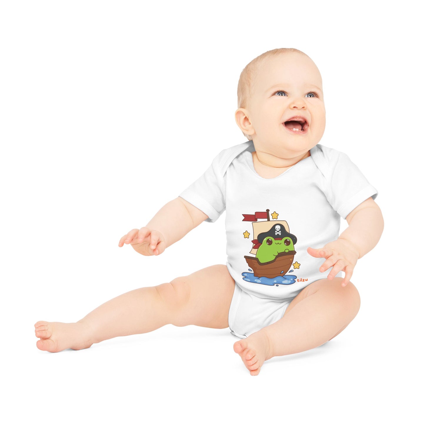 Tilzu Baby Organic Short Sleeve Onesie Frog on a Ship